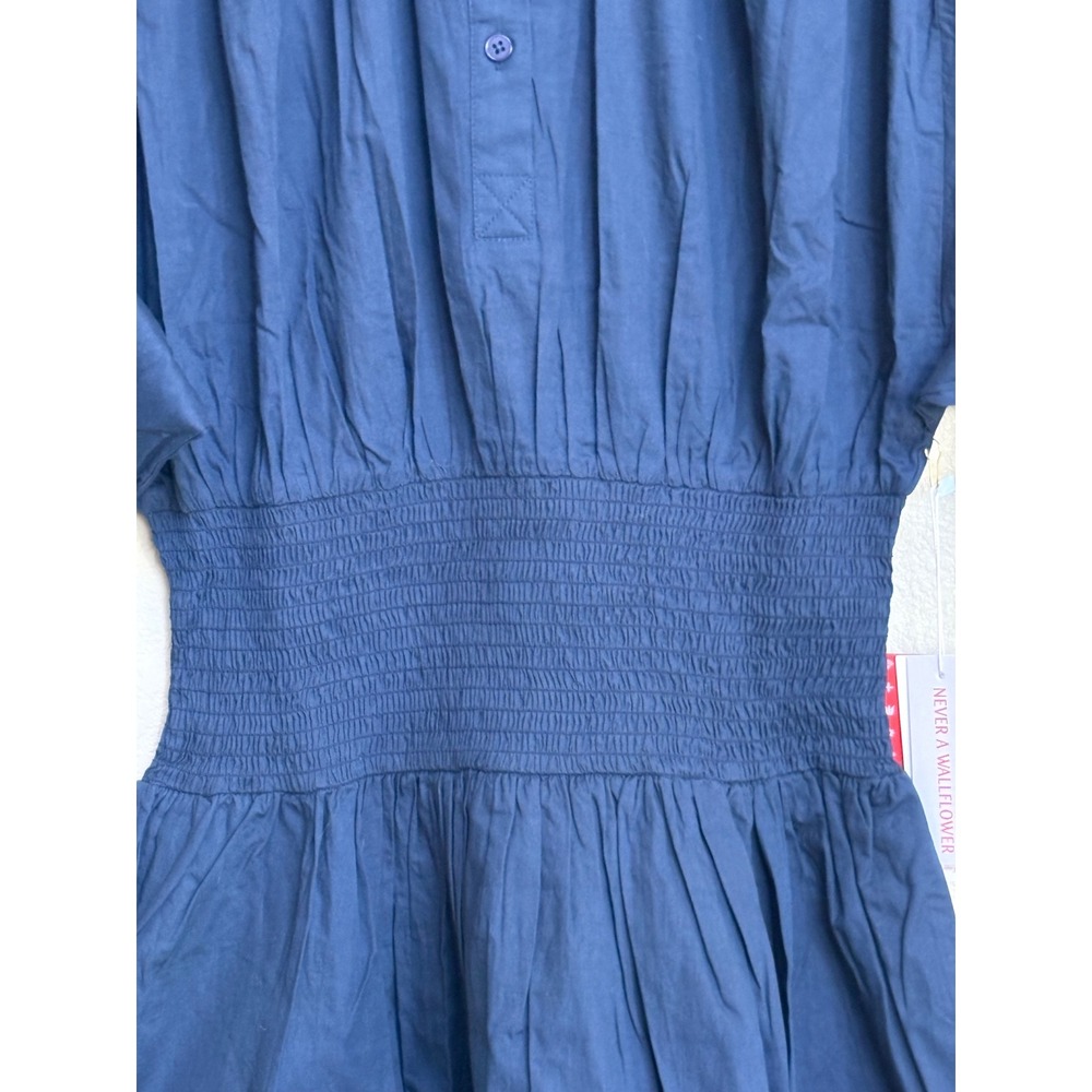 NWT Never A Wallflower Navy Blue Cotton Smocked Waist Puff Sleeve Dress L - Picture 4 of 8